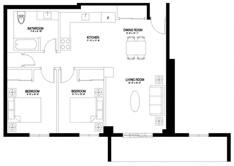Floor plan for 2 beds, 1 bath